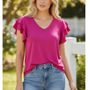 Adrianna Papell Pink Cherry Ruffle Sleeve Blouse. Color Is First Pic